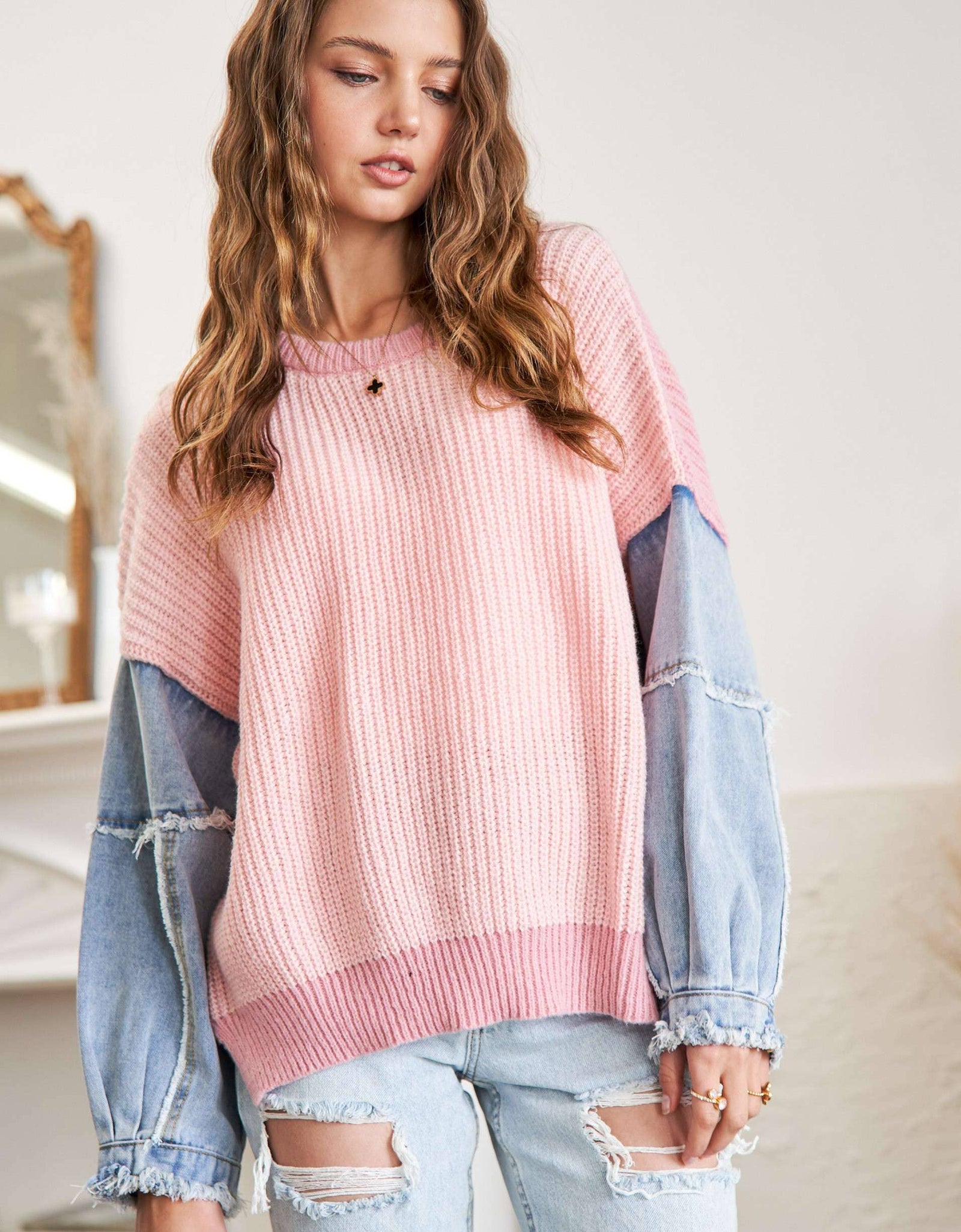 CESW3192 - FRAYED DENIM SLEEVE SWEATER TOP