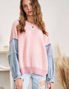 CESW3192 - FRAYED DENIM SLEEVE SWEATER TOP