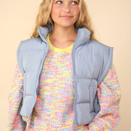 NJ90335-Side Bow Tie Front Zipper Crop Puffer Vest