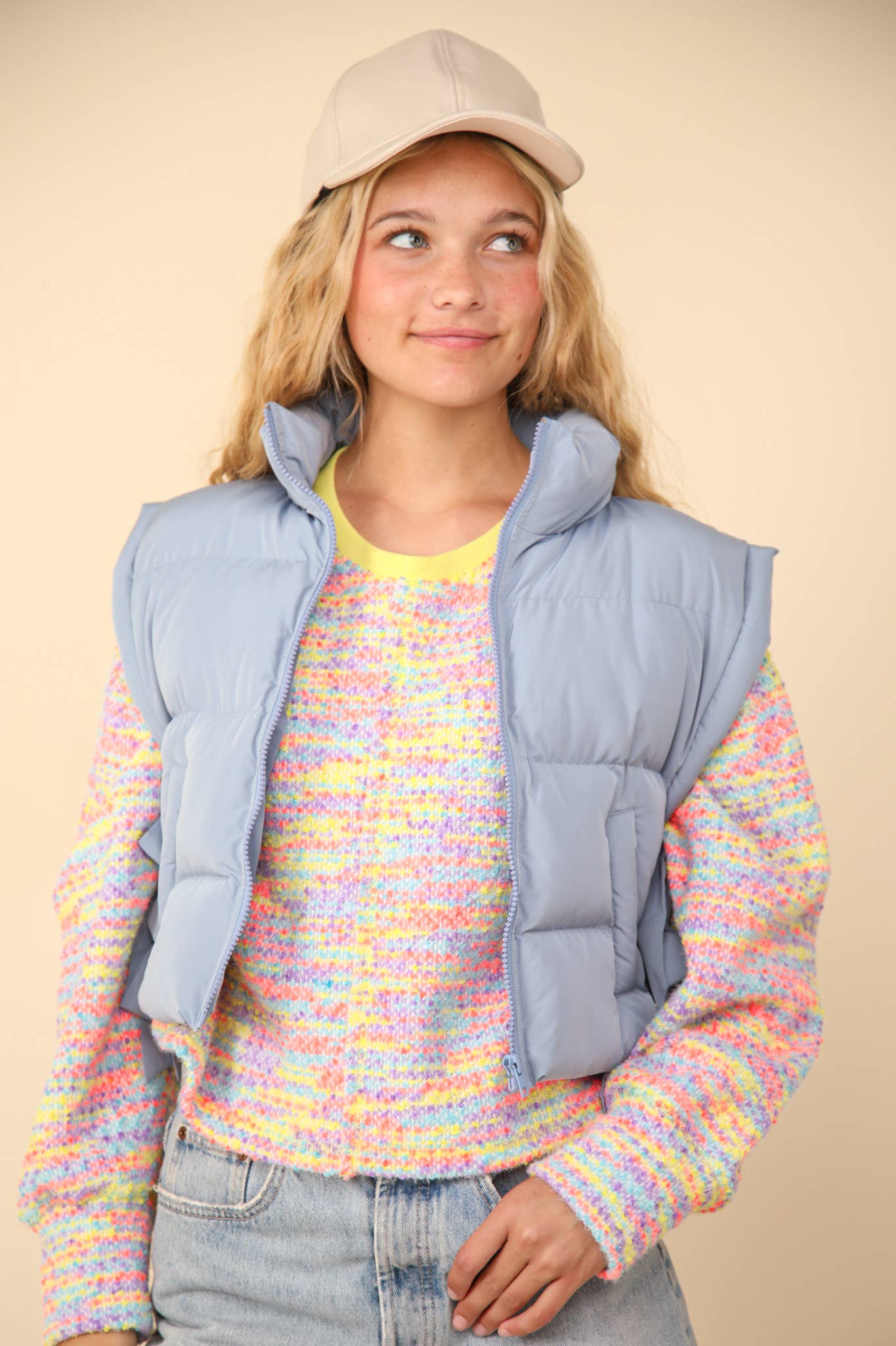 NJ90335-Side Bow Tie Front Zipper Crop Puffer Vest