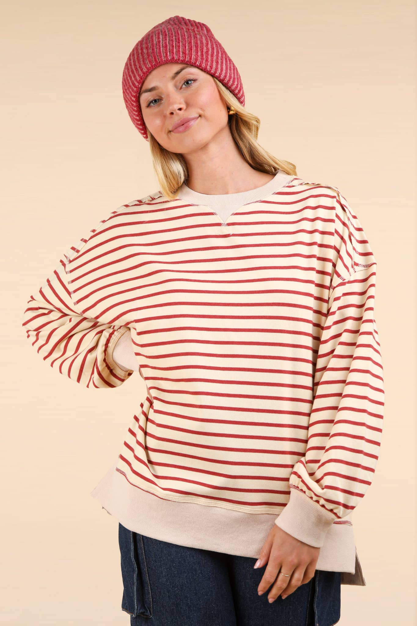 NT11927-Stripe Comfy Casual Oversized Knit Top