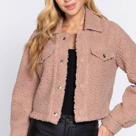 Long Sleeve Pocket Flap Button Down Faux Fur Jacket