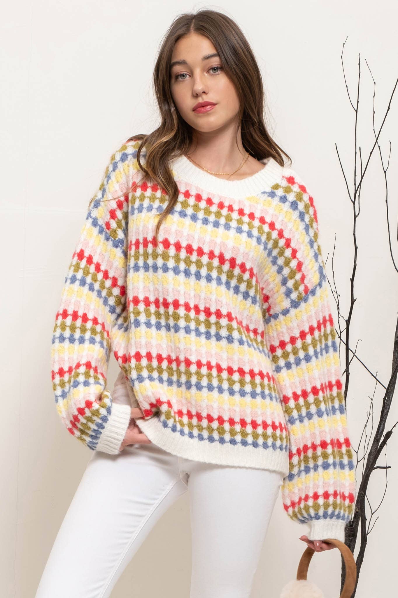 MULTICOLOR CREWNECK KNIT PULLOVER SWEATER