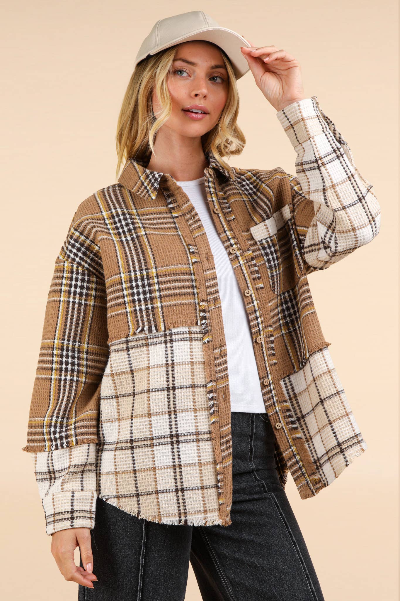 NJ90261-Mixed Plaid Oversized Casual Shacket Jacket