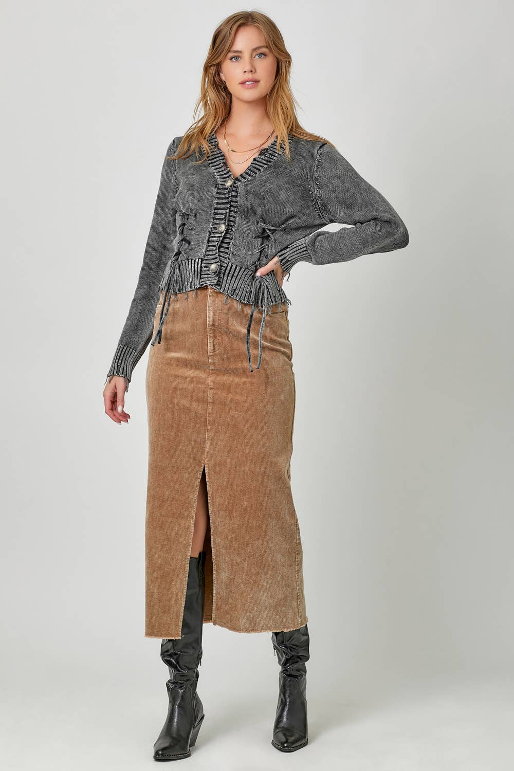 60742 Washed Front Slit Corduroy Skirt