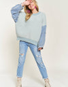 CESW3192 - FRAYED DENIM SLEEVE SWEATER TOP