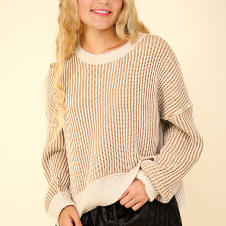 12W3092N-Two Tone Striped Casual Stripe Sweater Top