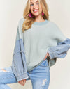 CESW3192 - FRAYED DENIM SLEEVE SWEATER TOP