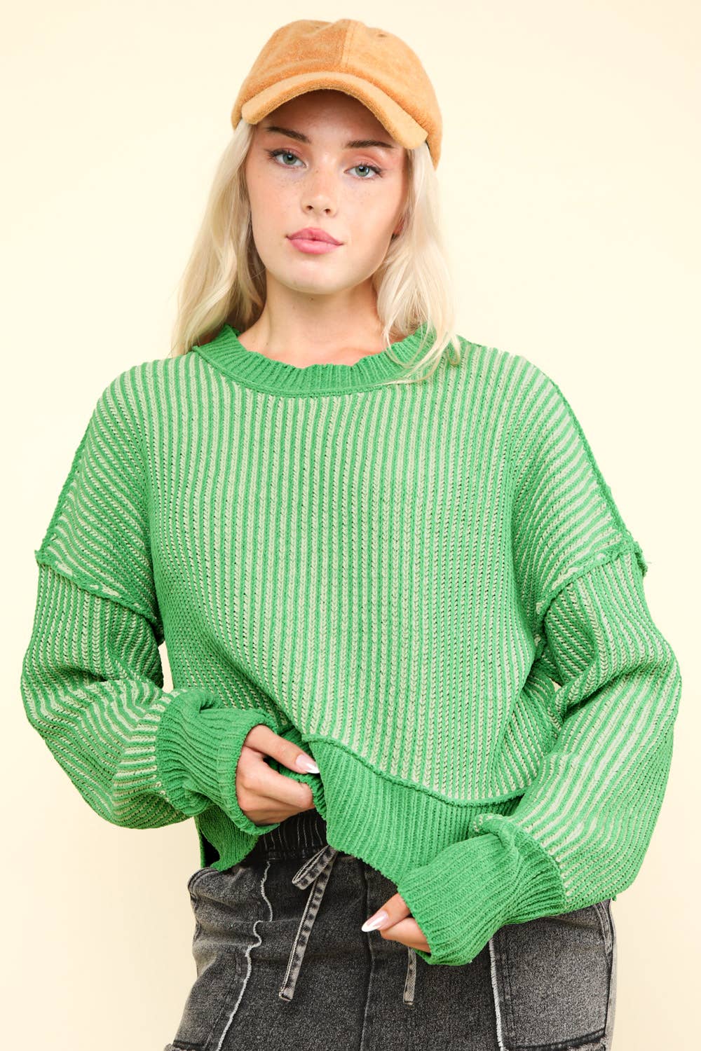 12W3092N-Two Tone Striped Casual Stripe Sweater Top