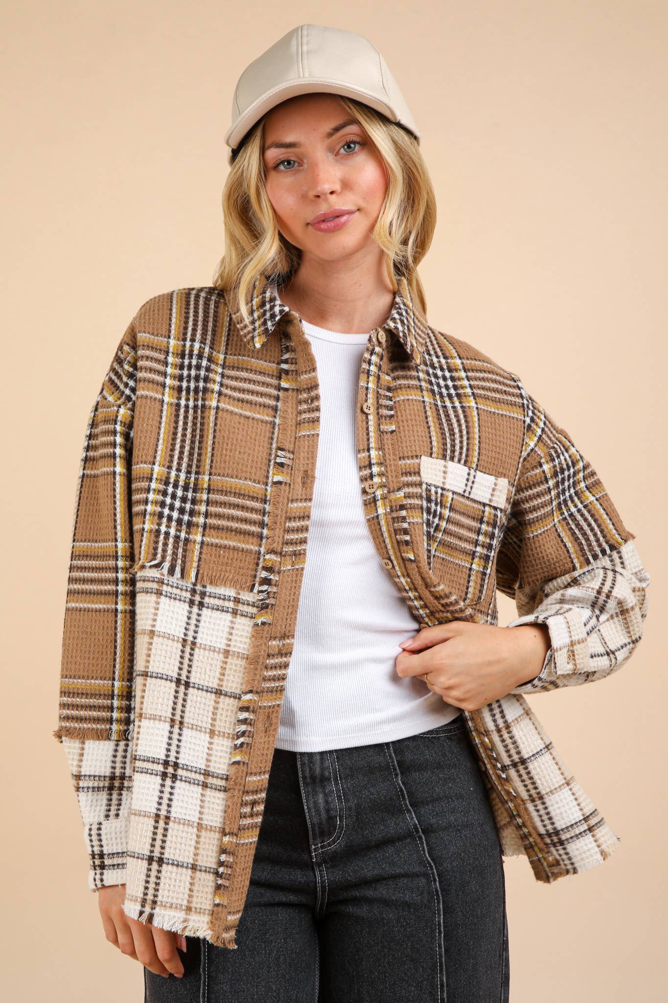 NJ90261-Mixed Plaid Oversized Casual Shacket Jacket