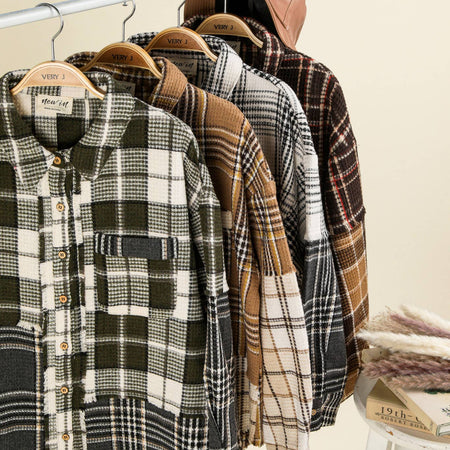 NJ90261-Mixed Plaid Oversized Casual Shacket Jacket