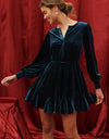 VELVET SPLIT COLLAR GODET MINI DRESS