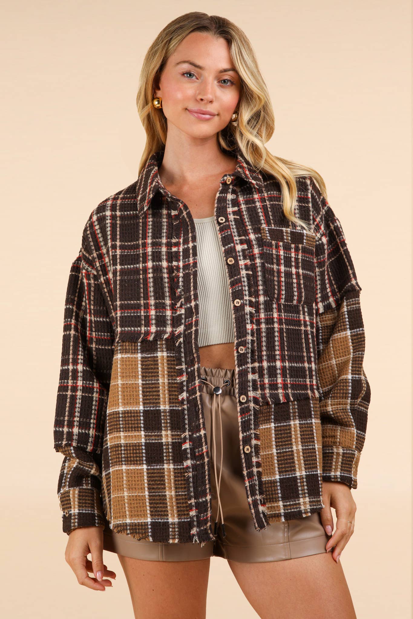 NJ90261-Mixed Plaid Oversized Casual Shacket Jacket