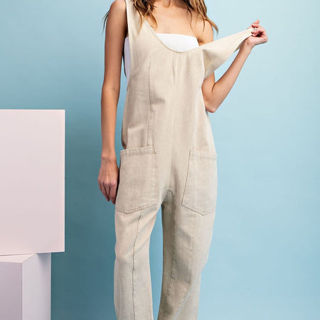 Mineral washed taupe jumpsuit