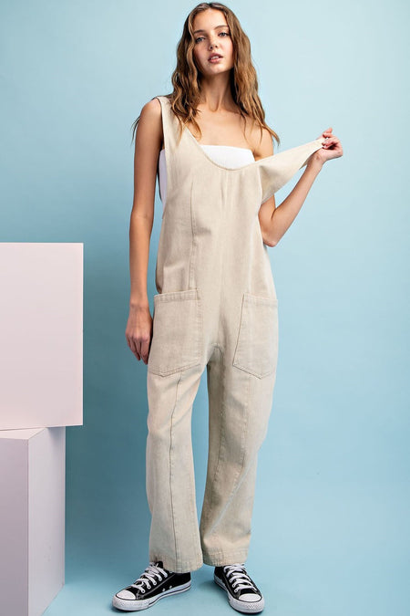 Mineral washed taupe jumpsuit