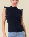 Black mock neck faux leather ruffle tank top