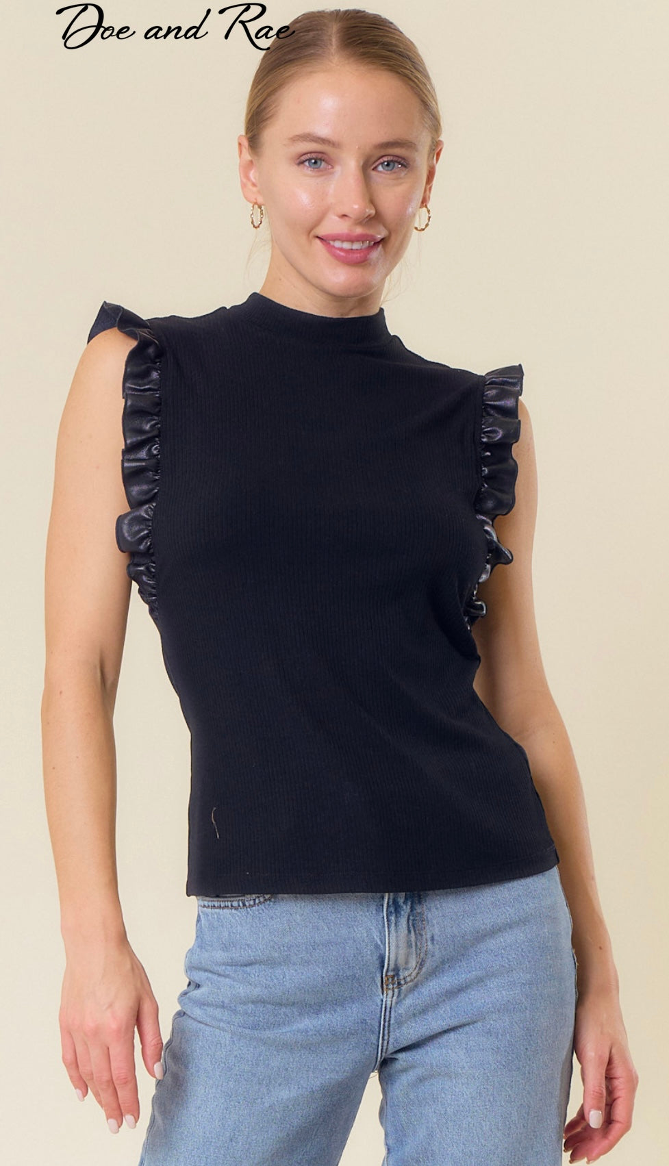 Black mock neck faux leather ruffle tank top