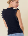 Black mock neck faux leather ruffle tank top