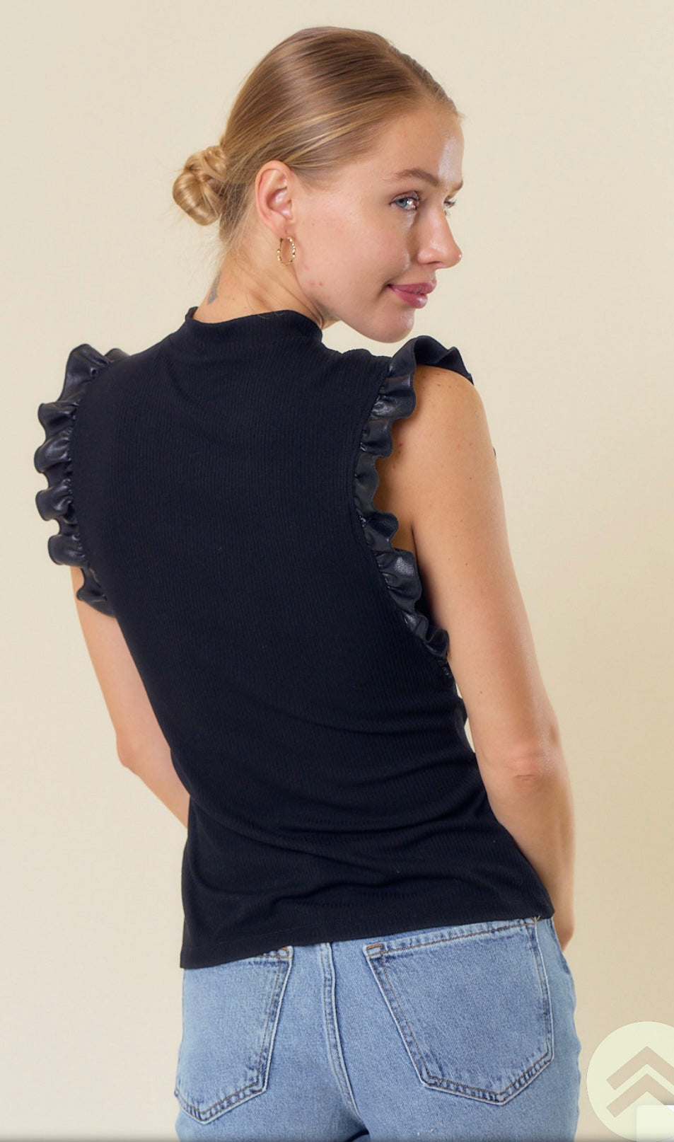 Black mock neck faux leather ruffle tank top