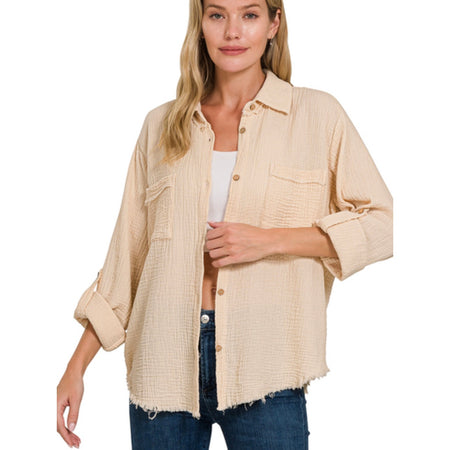 Gauze button down roll up sleeve shirt