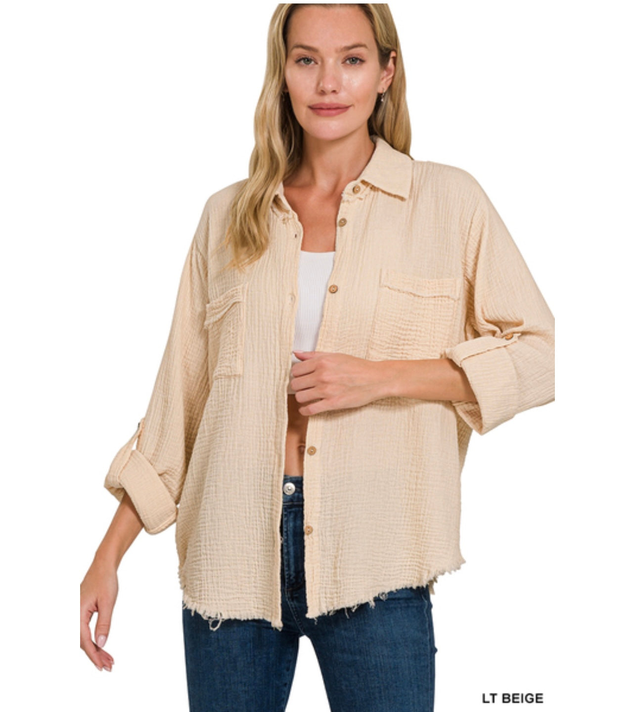 Gauze button down roll up sleeve shirt