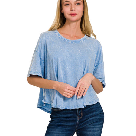 Crinkle washed cotton round neck short sleeve top