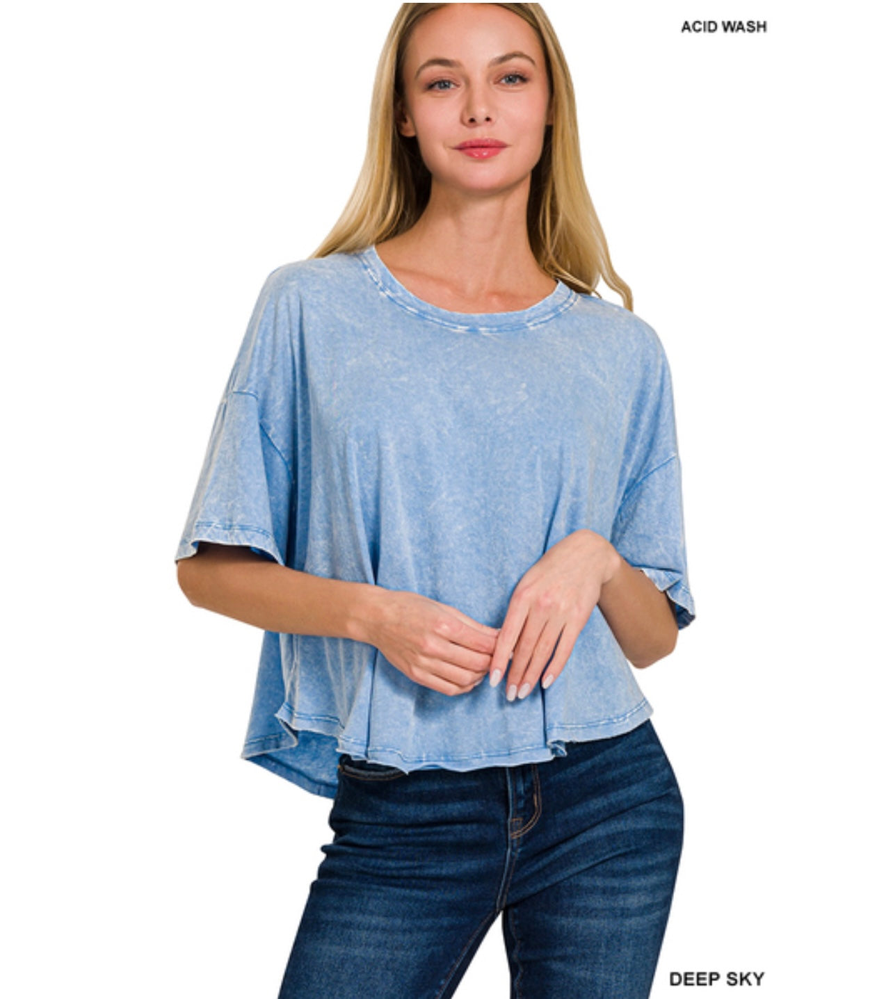 Crinkle washed cotton round neck short sleeve top