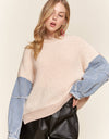 CESW3192 - FRAYED DENIM SLEEVE SWEATER TOP