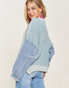 CESW3192 - FRAYED DENIM SLEEVE SWEATER TOP