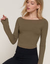 Long Sleeve Boat Neck Corset Style Hem Ribbed Top