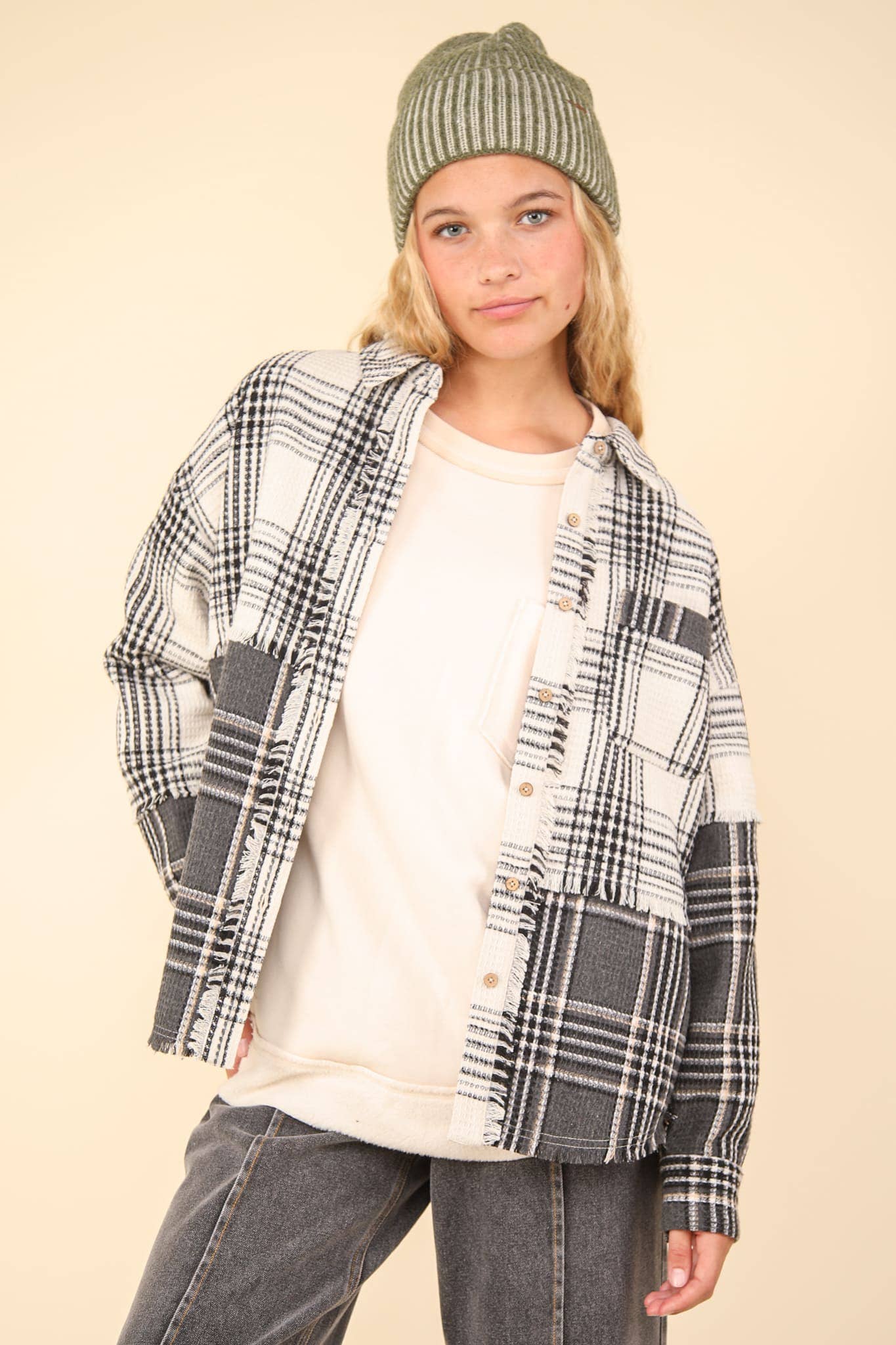 NJ90261-Mixed Plaid Oversized Casual Shacket Jacket