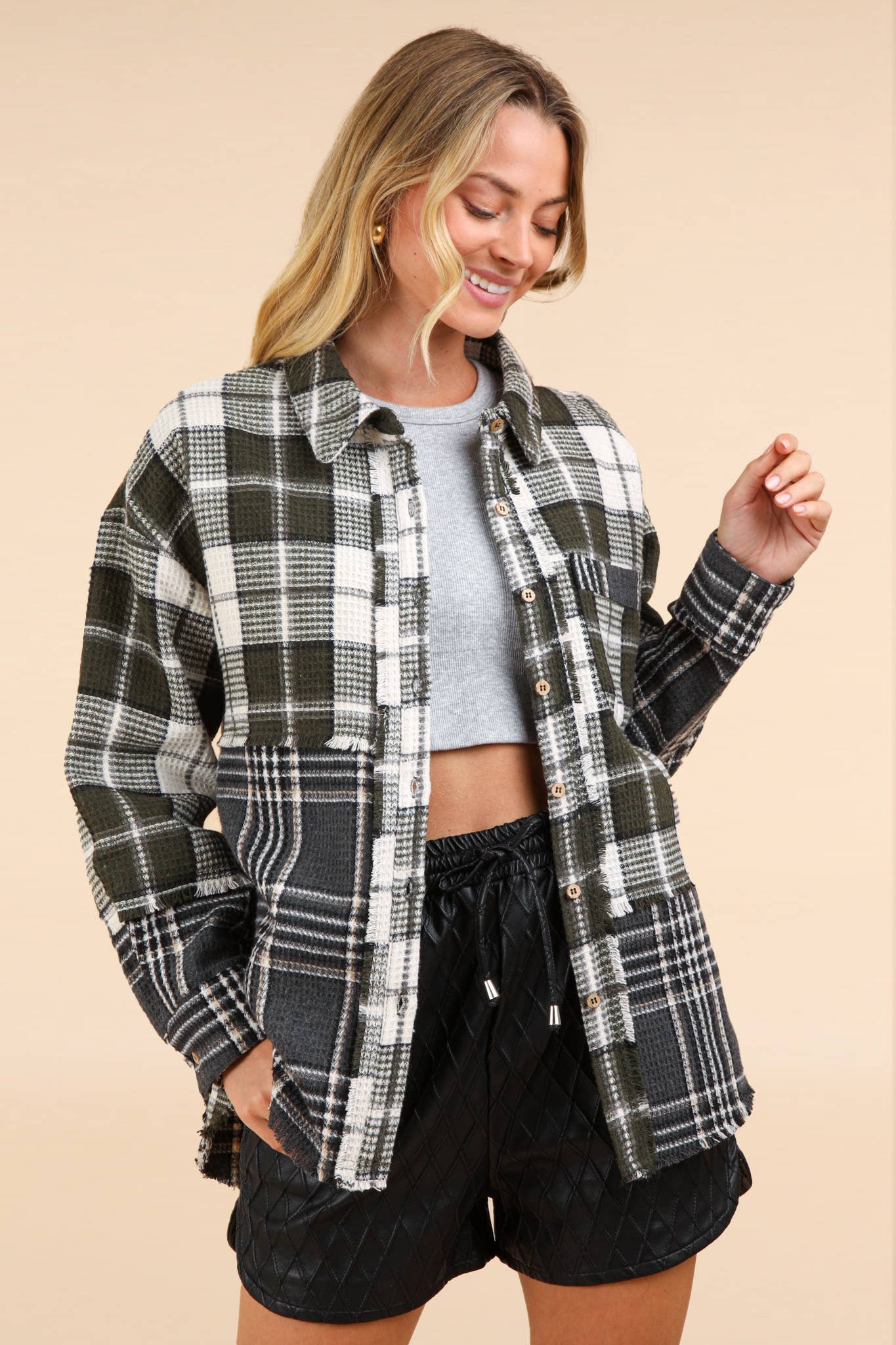 NJ90261-Mixed Plaid Oversized Casual Shacket Jacket