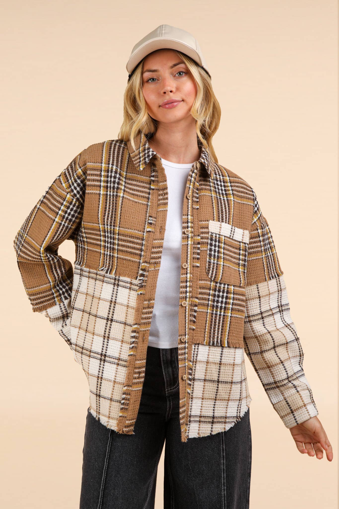 NJ90261-Mixed Plaid Oversized Casual Shacket Jacket