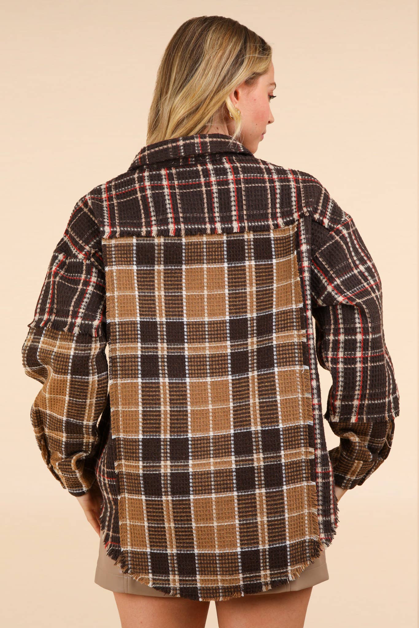 NJ90261-Mixed Plaid Oversized Casual Shacket Jacket